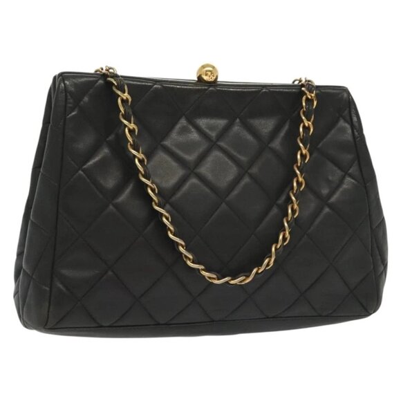 CHANEL Matelasse Chain Shoulder Bag Lamb Skin Black Gold CC Auth 139414